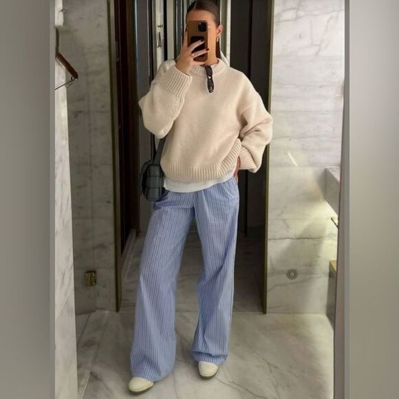 VINCE Pleated woven linen blend wide-leg pants in blue stripe - Picture 10 of 14